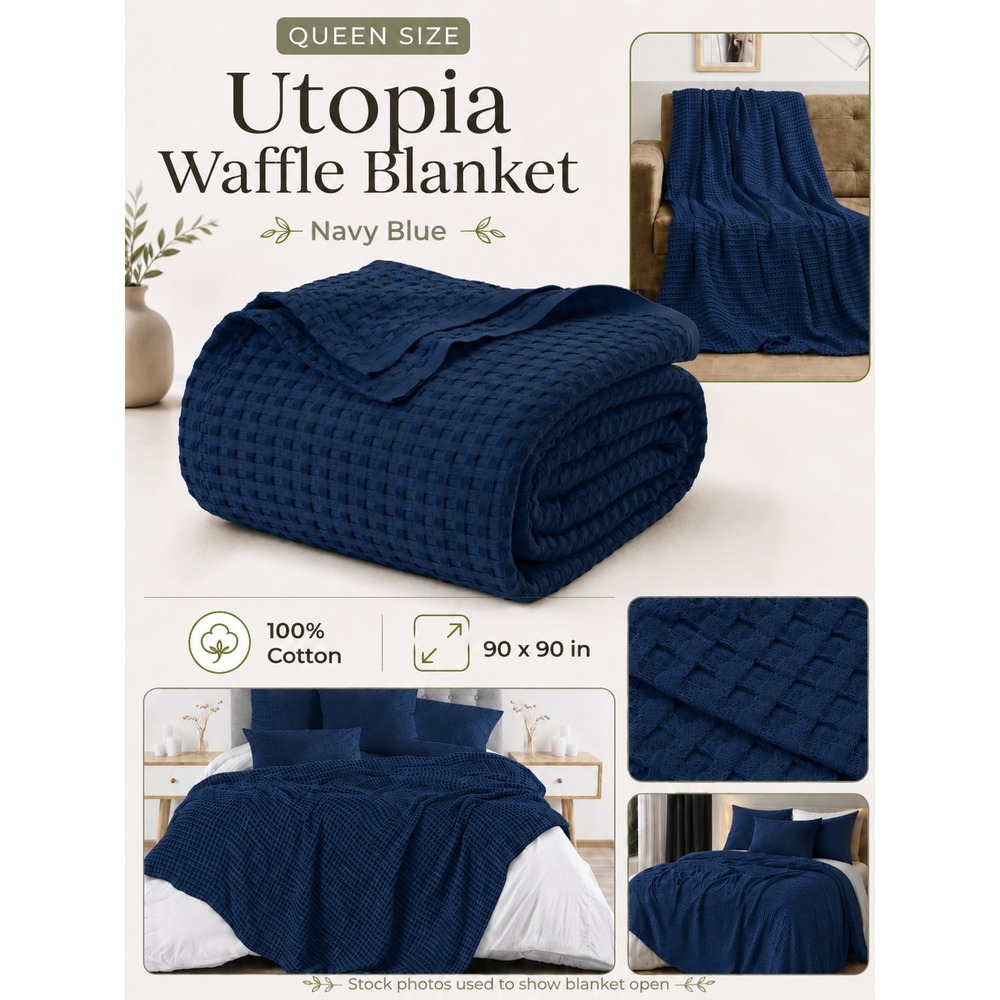 Utopia Waffle Blanket Queen Navy Blue 100% Cotton Textured Bedding New